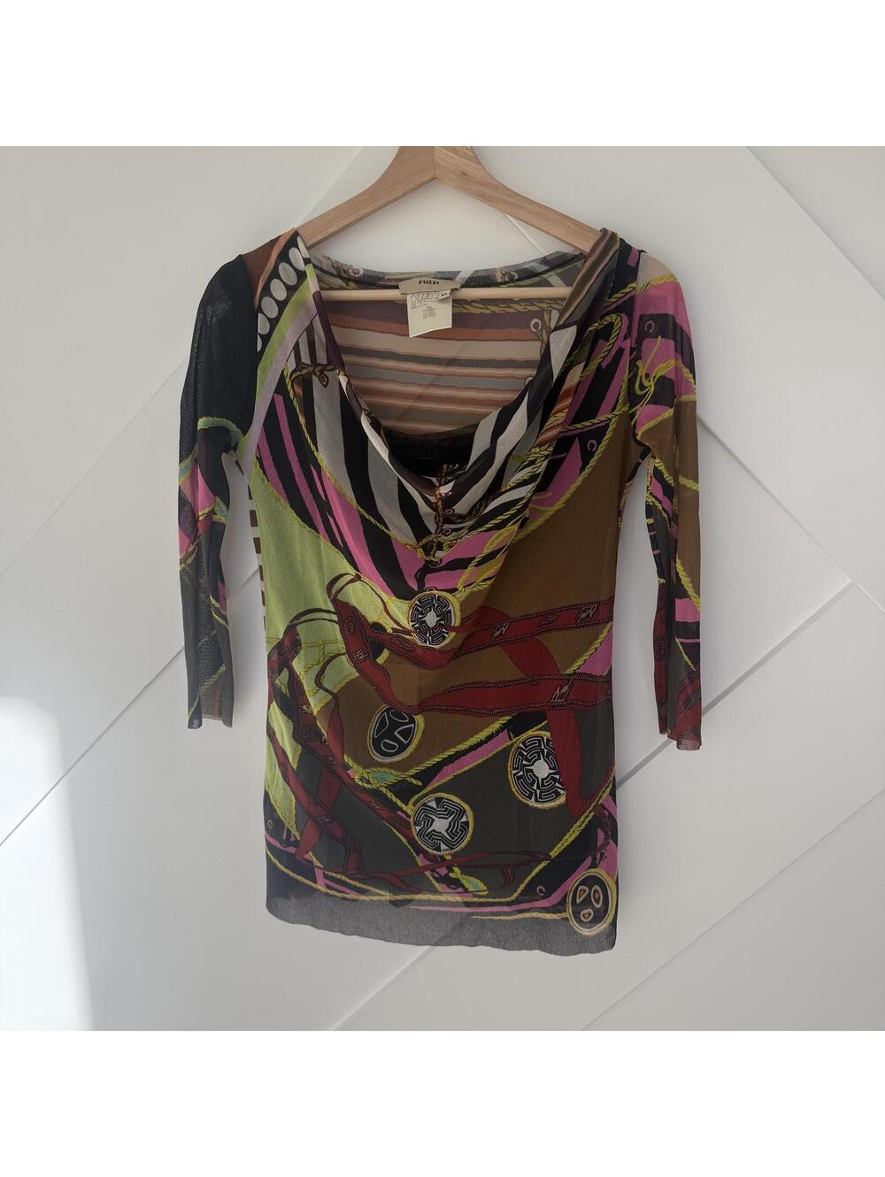 Vintage Fuzzi Women's Medium Multi-Color Patterned Long Sleeve Top Y2K